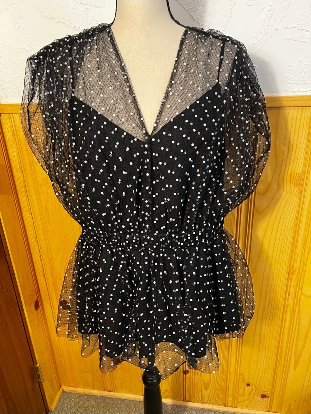 PEARL by Lela Rose Black Polka Dot Tulle Sheer Peplum Top  Sz-16